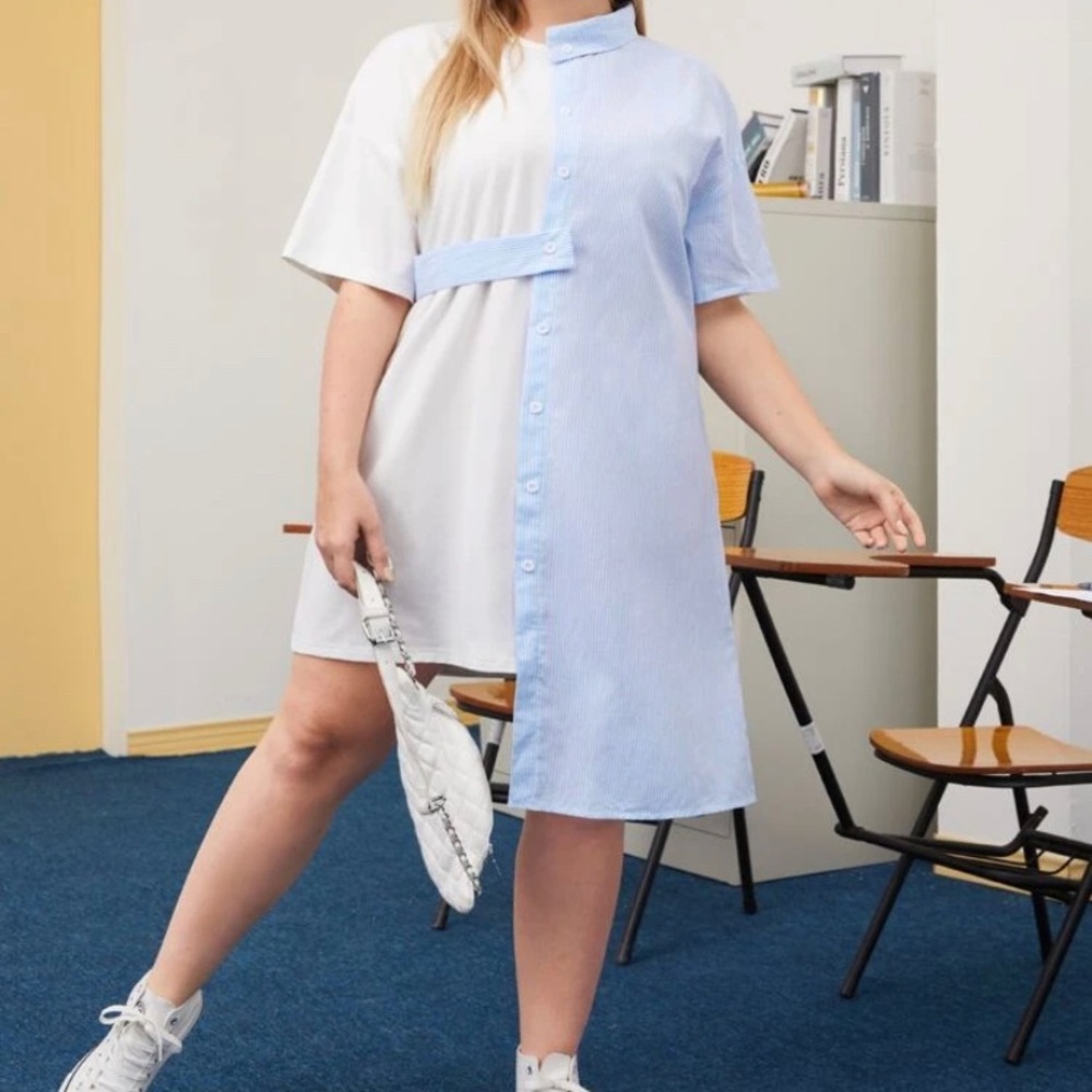 SHEIN PLUS contrast stripe Asymmetric Hem Dress👗